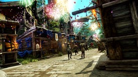 Three New World characters walk down the street in a safe area of the map.