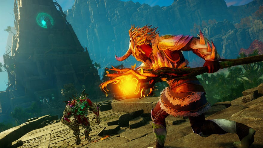 A New World character carrying a Fire Staff faces off against a supernatural enemy, against the backdrop of an eerily glowing tower fortress.