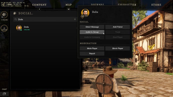 A screenshot showing how to invite a player into your group using the Social screen in New World.