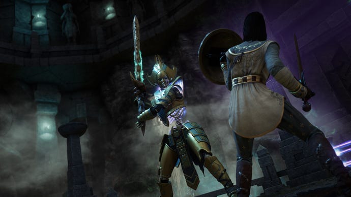 Um novo personagem mundial equipado com espada e escudo enfrenta um esqueleto blindado carregando uma espada grande