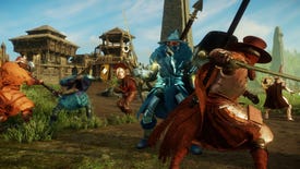 Several New World characters engage in battle outside a settlement, wielding a variety of the game's weapons.