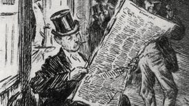 A man in a top hat is sitting outside a café at night, smoking and reading a newspaper.