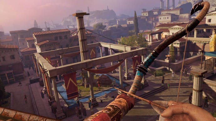 The player fires a bow in midair in Assassin's Creed Nexus
