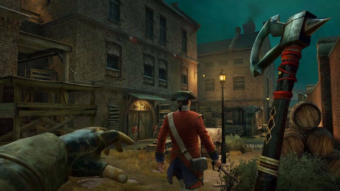 The player readies a tomahawk in Assassin's Creed Nexus