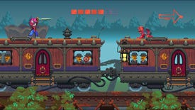 A screenshot of Nidhogg 2 showing two colourful characters on the roof of an old fashioned train, one is crawling and the other has a sword.