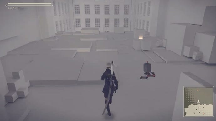 A2 approaches a ladder, in a grey, blocky room in a mod for Nier: Automata