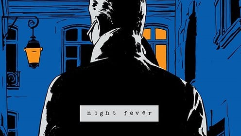Cropped image of Night Fever cover, featuring the back of a man wearing glasses