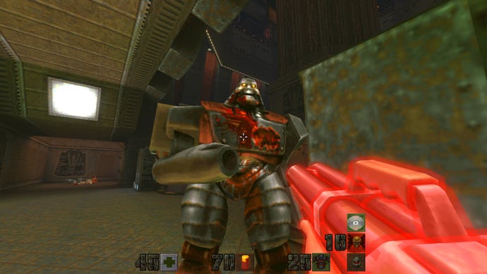 Shooting a big enemy Strogg in the Quake 2 remaster