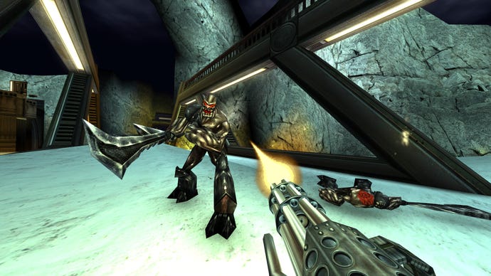 Battling a Flesh Eater in Turok 3: Shadow Of Oblivion remastered