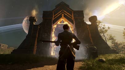 Nightingale screen showing a player holding a rifle and facing an arch that seems to be a magical portal