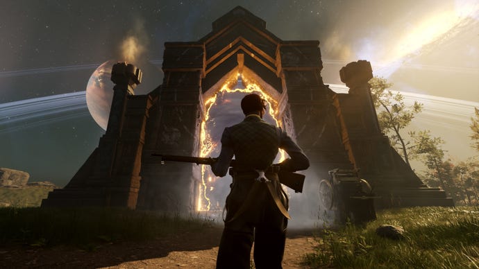A man with a gun stands before a portal gate in Nightingale