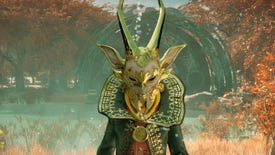 A screenshot from Nightingale: a fellow in a white and gold goat mask and an embroidered green jacket with a big collar. Basically rococo Mr Tumnus.