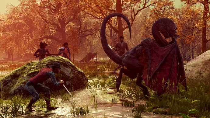 A player sneaking behind a monster in Nightingale