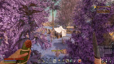 Bertie makes his way through purple foliage towards a canvas tent in the distance. He holds a snack in one hand, and a knife in the other. It's a screenshot from within Nightingale.