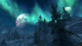 An image of the night sky in Skyrim, with moons appearing through pine trees against a green aurora.