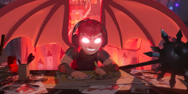 Still from Nimona trailer featuring Nimona at a desk with glowing eyes and wings behind her