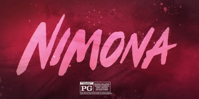 Pink Nimona logo on a darker pink background