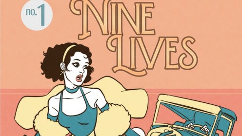 Illustrated cover of Nine Lives, featuring a woman in a dress running from a car.