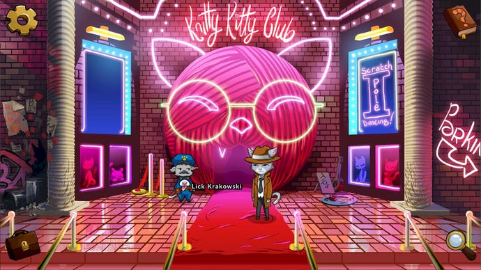 A cat detective stands in front of a pink night club entrance way shaped like a cat's head in Nine Noir Lives