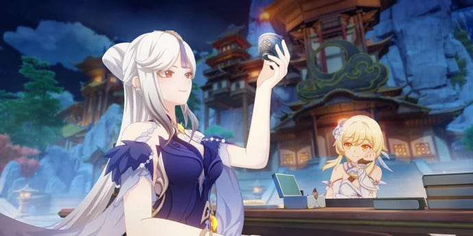 Ningguang holds a valuable treasure while talking to Traveler.