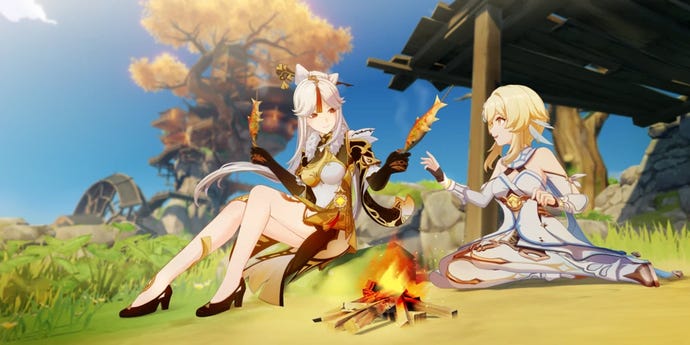 Ningguang and Traveler eat fish over a fire in Liyue.