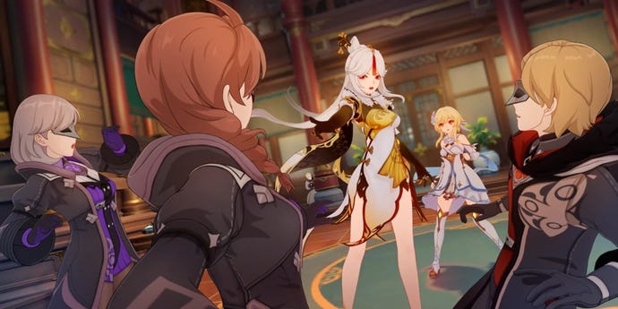 Ningguang and Traveler confront the Fatui at the Northland Bank.