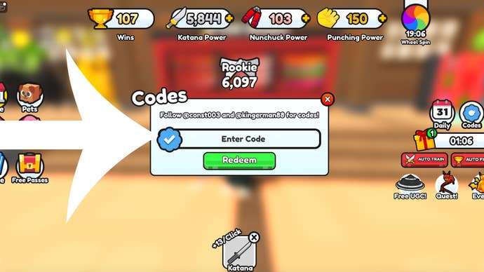 Arrow pointing at the menu used to redeem codes in the Roblox game Ninja Fighting Simulator.