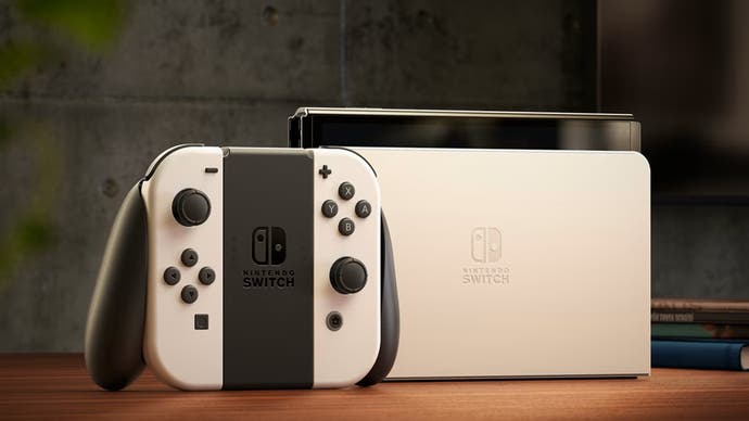 A promotional image showing Nintendo Switch's OLED model and accompanying controller.