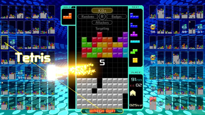 The exclusive Nintendo Switch Online multiplayer puzzle game Tetris 99 in action.