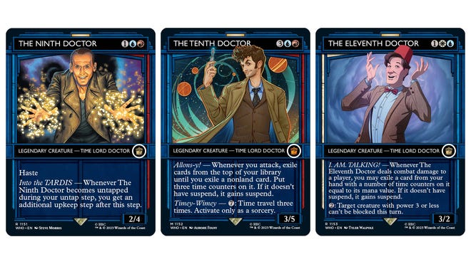 The Ninth, Tenth and Eleventh Doctor cards from the Magic: The Gathering x Doctor Who set.