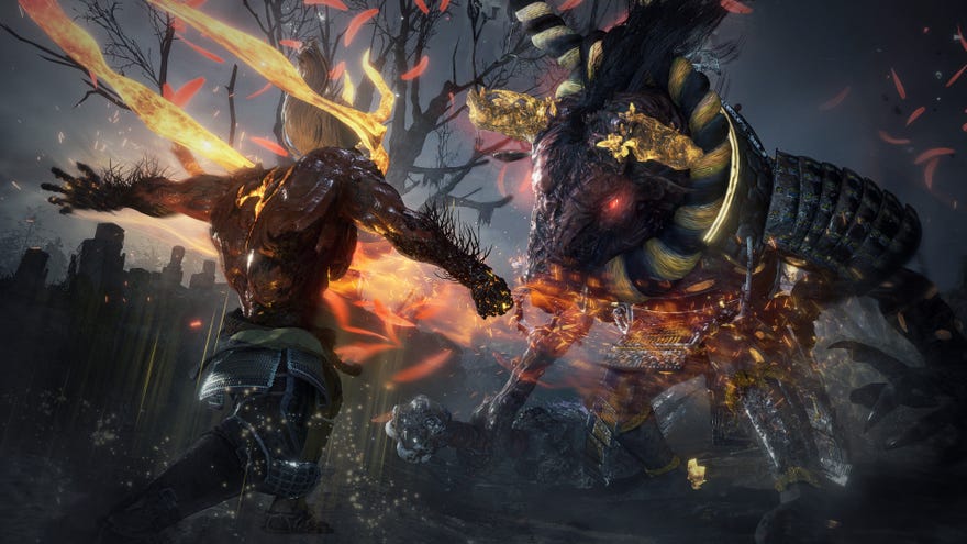 A player in Yokai-form parries a horse demon in Nioh 2.