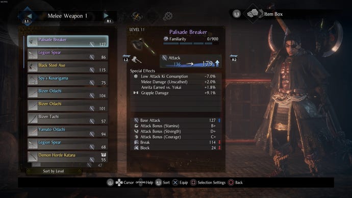 I scan through a long list of weapons I've looted.