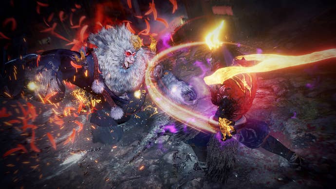 Enki, the difficult monkey enemy in Nioh 2, takes a blow from the player character.