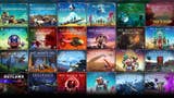 A collage showing cover art and titles for 24 of No Man's Sky's named updates released over the last seven years.