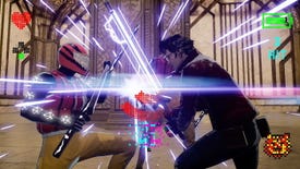 Travis Touchdown does battle with a Power Rangers-esque enemy in No More Heroes 3
