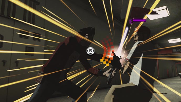 A screenshot from No More Heroes which shows Travis locking swords with an enemy, yellow sparks fly outwards and there's a button prompt to waggle the right stick to win.