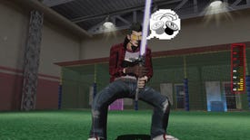 No More Heroes - Travis Touchdown holds his beam katana while standing in a batting center with a UI prompt indicating moving the right gamepad stick back and forth.