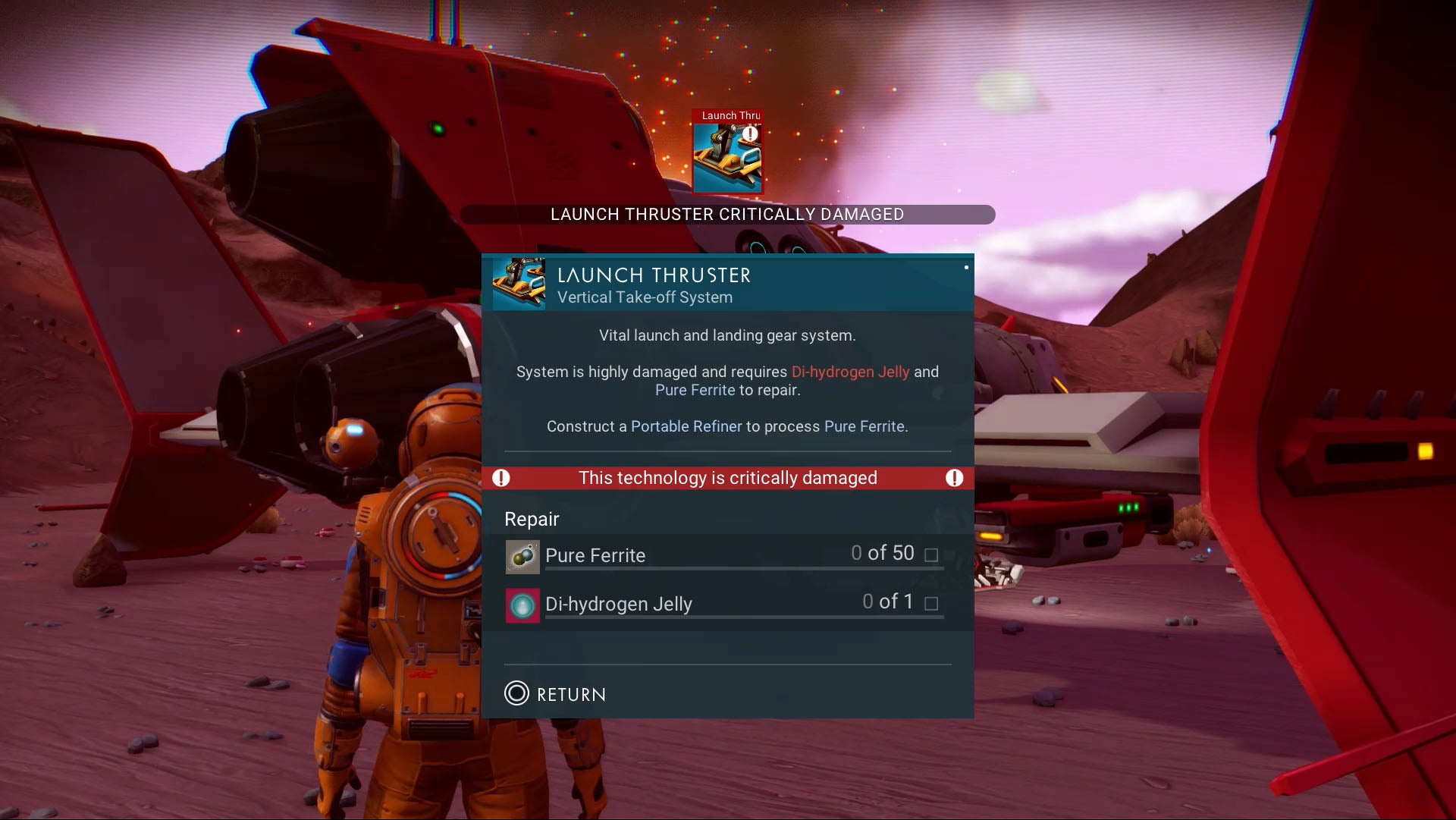 No Man's Sky ship repairs Hermetic Seal, Pure Ferrite, Dihydrogen Jelly and Metal Plating