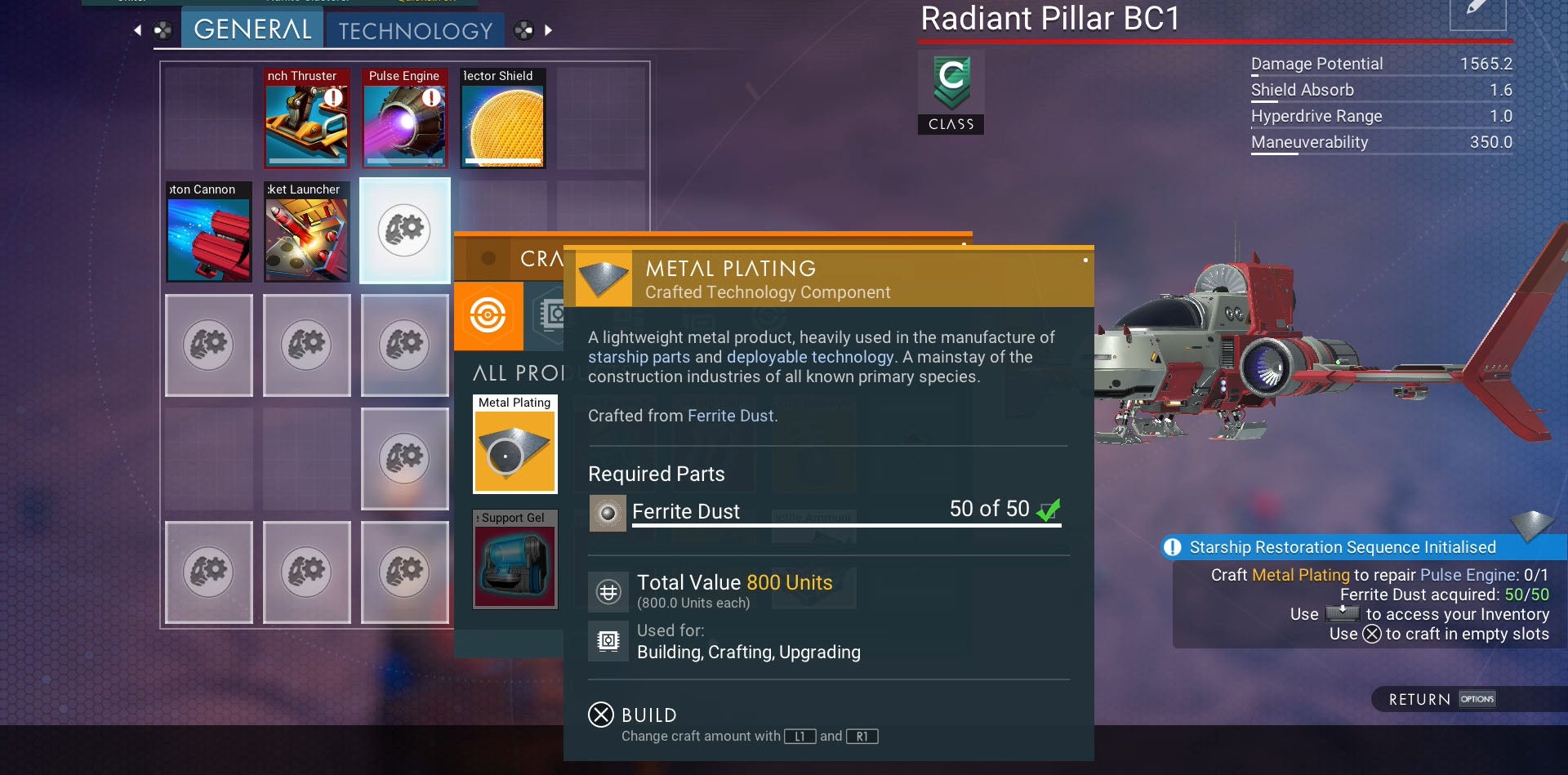 No Man's Sky ship repairs Hermetic Seal, Pure Ferrite, Dihydrogen Jelly and Metal Plating