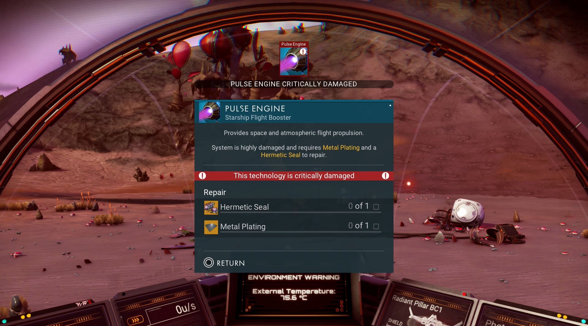 No Man's Sky ship repairs Hermetic Seal, Pure Ferrite, Dihydrogen Jelly and Metal Plating