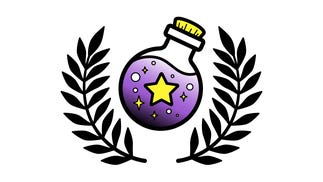 Nonbinary Tabletop Awards logo featuring a potion bottled undergirded by black laurel