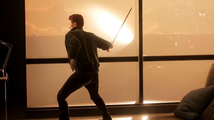 Norman Osborn smashes his window and property with a cain out of frustration and sadness in Marvel's Spider-Man 2