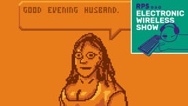 An orange image of a pixelart woman with staring eyes, from the game Normal Fishing. She is saying GOOD EVENING HUSBAND. The EWS podcast logo is in the top right corner