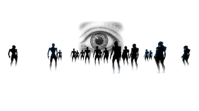 Silhouetted figures stand before a giant eye in a white room in a North screenshot.
