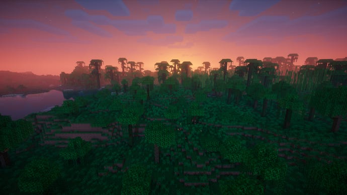 A bird's eye view of a Minecraft jungle at sunset.
