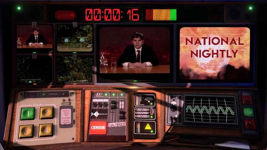 The Not For Broadcast control panel, with two large screens showing the delayed broadcast and live feed of National Nightly, a news programme