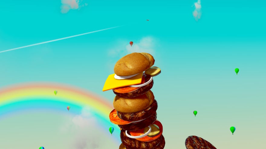A sky high stack of burgers