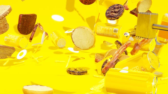 A screenshot from food game Nour, showing a bright yellow scene with all kinds of burger ingredients flying around in the air - bread, buns, burger patties, drink cans, pieces of bacon. It's a mess!