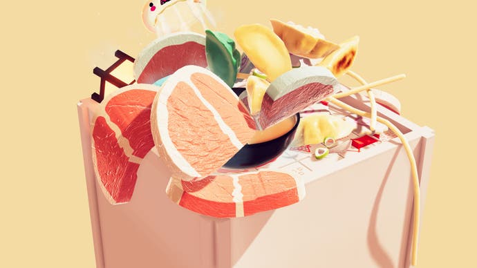 Una captura de pantalla del juego de comida realista Nour, que muestra un plato de ramen explotando con ingredientes de gran tamaño.  Hay enormes trozos de carne, gyoza gigantes y fideos interminables.  ¡Es un desastre!