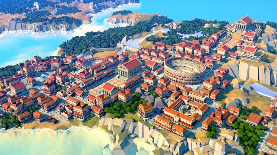 A pretty little Roman city in a Nova Roma screenshot.